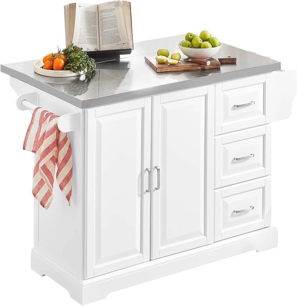 isola cucina piano lavoro in acciaio inox anti-impronta carrello da cucina con ruote mobile cucina con 3 cassetti Bianco 130x91x(46-71) cm FKW41-ST