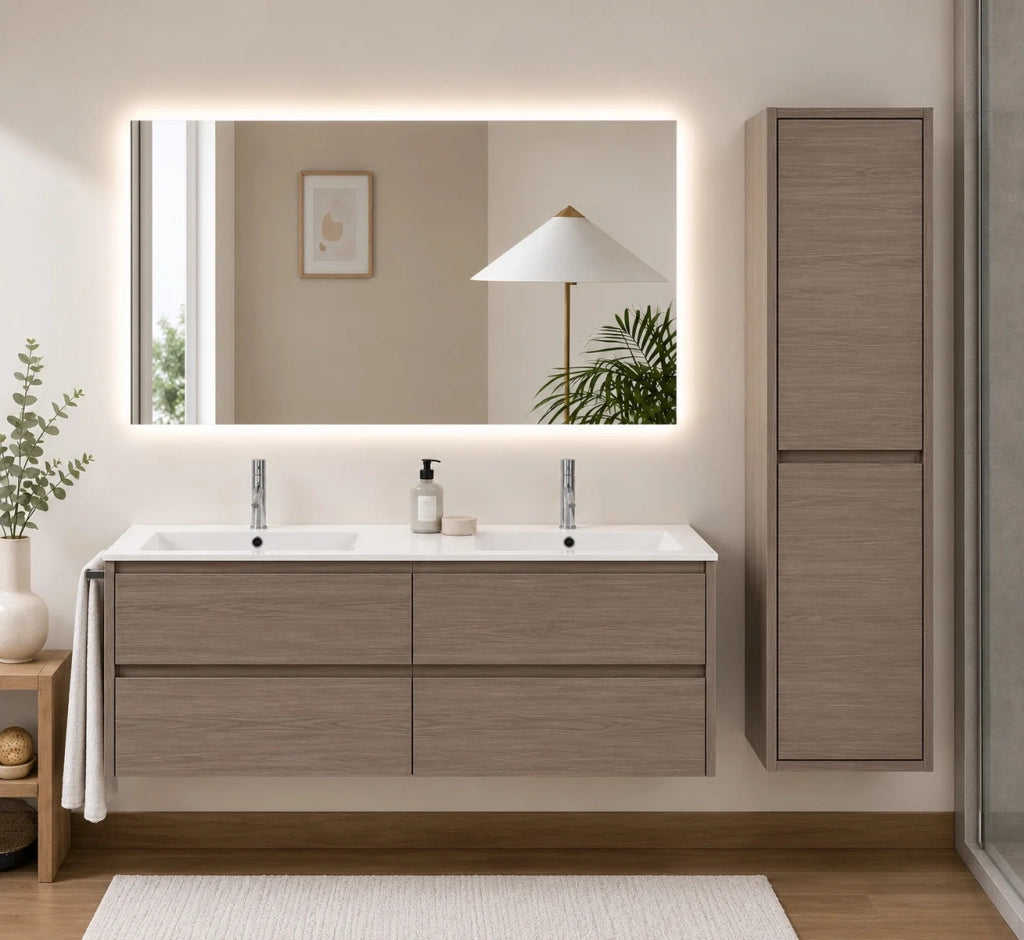 Mobile bagno componibile IBIZA QUATTRO senza specchio con lavabo,  Rovere smoky con colonna