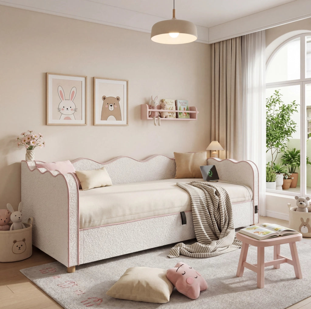 Letto daybed 90x200 cm con contenitore idraulico; presa USB e Type-C; bouclé beige