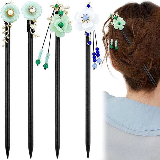 Spille per capelli 4 pezzi - Spille per capelli in legno giapponese con fiore farfalla e perla per donne - Stile vintage - Accessori per capelli per capelli lunghi - Adatto per ragazze