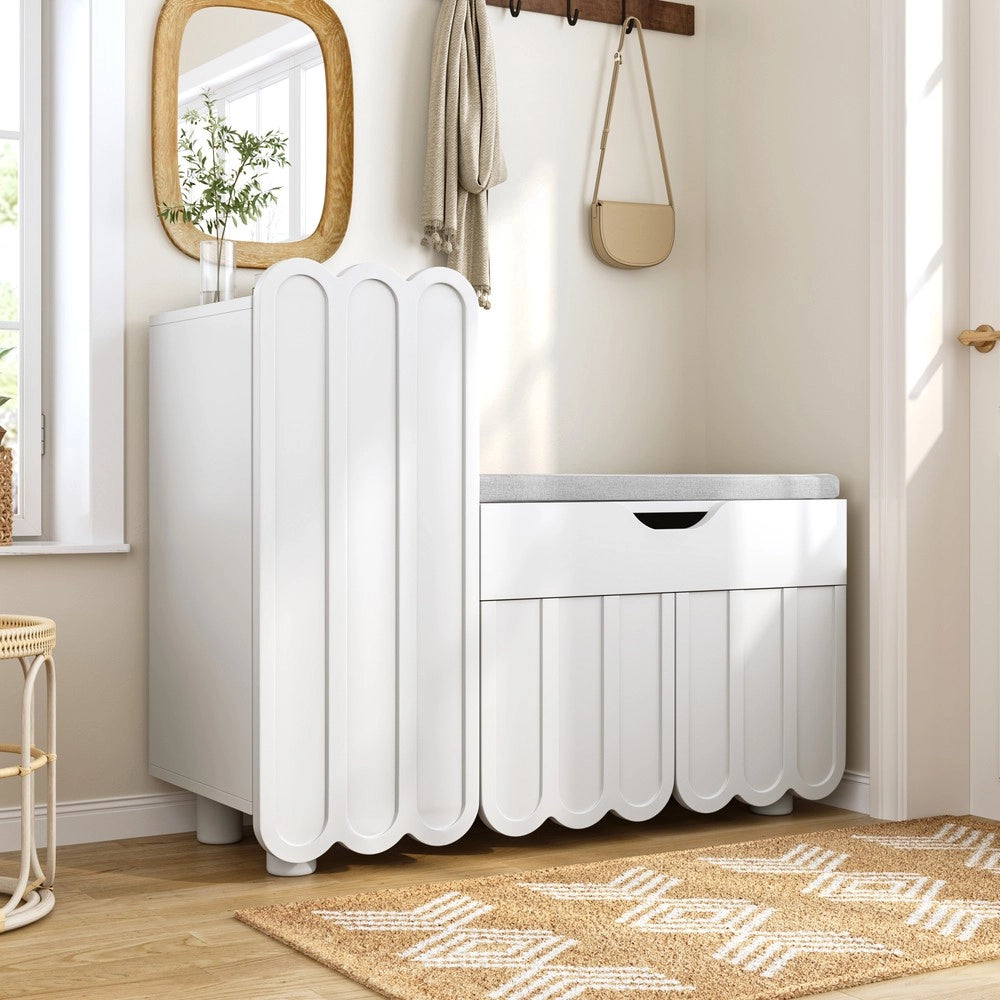 Scarpiera con Panca e Cassetto, 3 Ante ¨C MINIMAL ¨C Bianco, Salvaspazio Ingresso