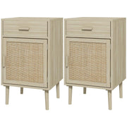 SET 2 COMODINI PER CAMERA DA LETTO CON CASSETTO E ANTA IN RATTAN STILE BOHO, COLORE LEGNO