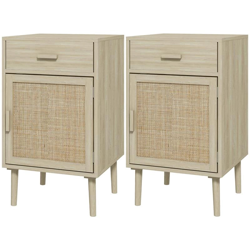 SET 2 COMODINI PER CAMERA DA LETTO CON CASSETTO E ANTA IN RATTAN STILE BOHO, COLORE LEGNO