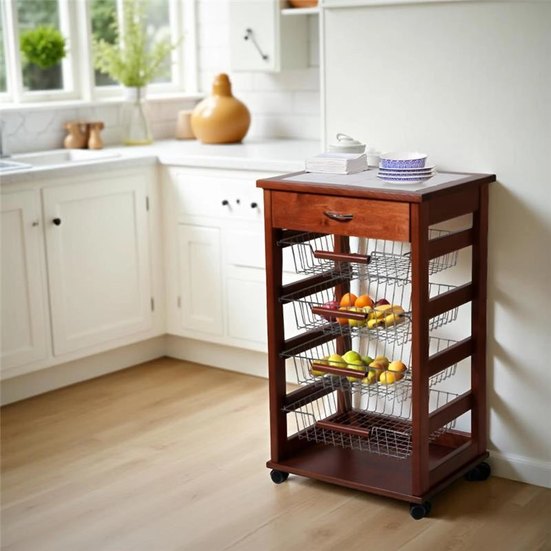 CARRELLO VESUVIO CON CASSETTO CILIEGIO INTERAMENTE IN FAGGIO E BASE INFERIORE IN BETULLA 1 CASSETTO PIANO MATTONELLE IN CERAMICA