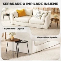 Set 2 Tavolini da Salotto Impilabili con Telaio in Metallo per Soggiorno e Ufficio, Noce e Nero