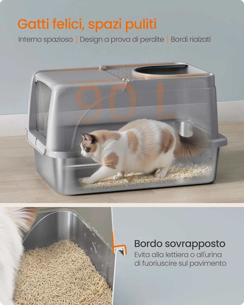Feandrea Lettiera per Gatti in Acciaio Inossidabile con Coperchio Ribaltabile, Lettiera Chiusa XL Anti Perdite, Paletta, Spazzola, Doppio Ingresso, per Gatti fino a 15 kg, Grigio Tortora PPT005G01