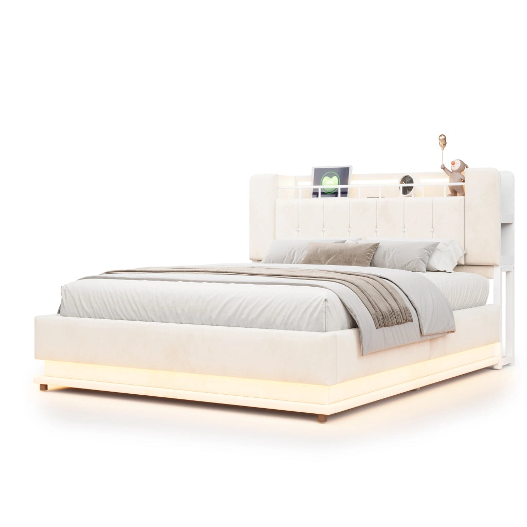 Letto matrimoniale imbottito 160x200 cm con LED; porte USB e contenitore idraulico; beige