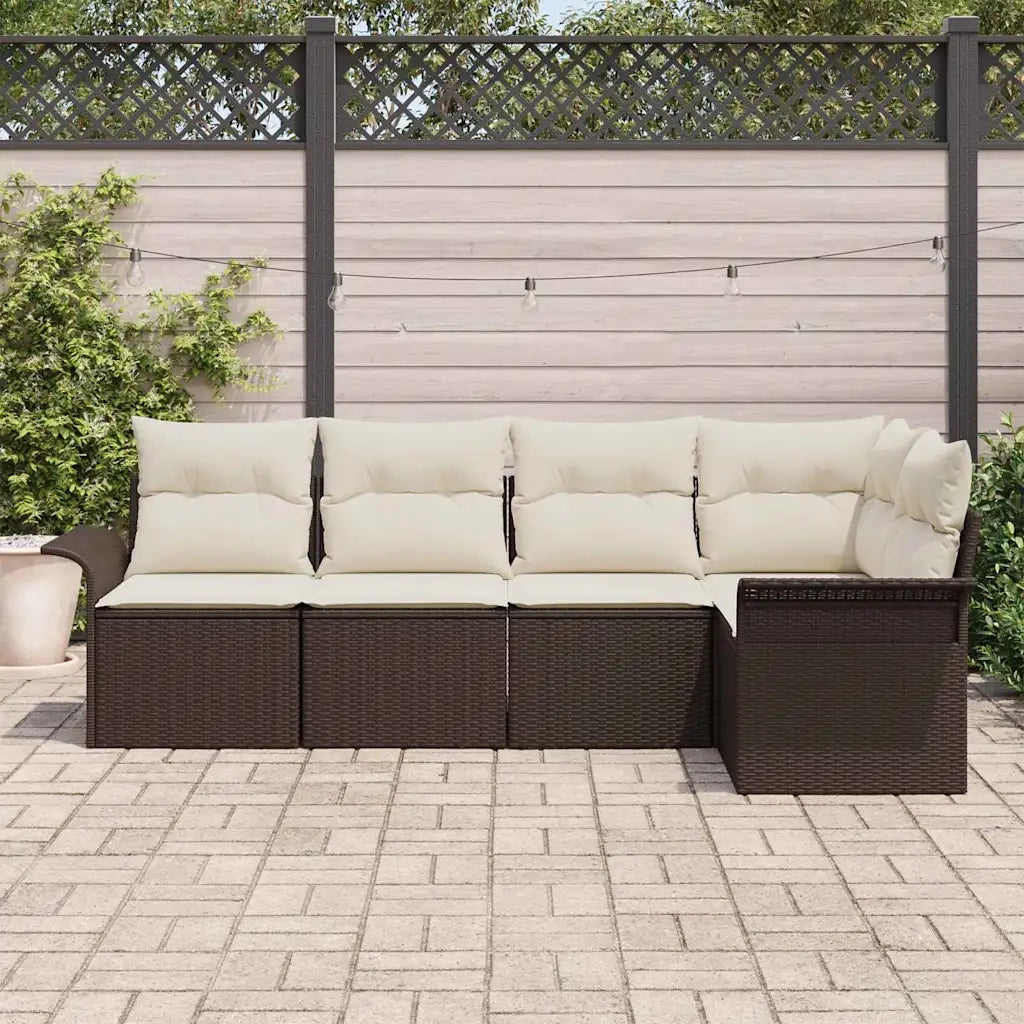 Set Divano da Giardino con cuscino 5 pz | Set Salotto da Giardino Marrone polyrattan