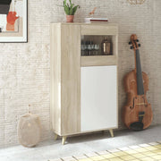Vetrina Altavista, Vetrinetta moderna a 3 ante, Credenza da soggiorno o salotto, Madia alta con ripiani, cm 77x33h142, Rovere e Bianco