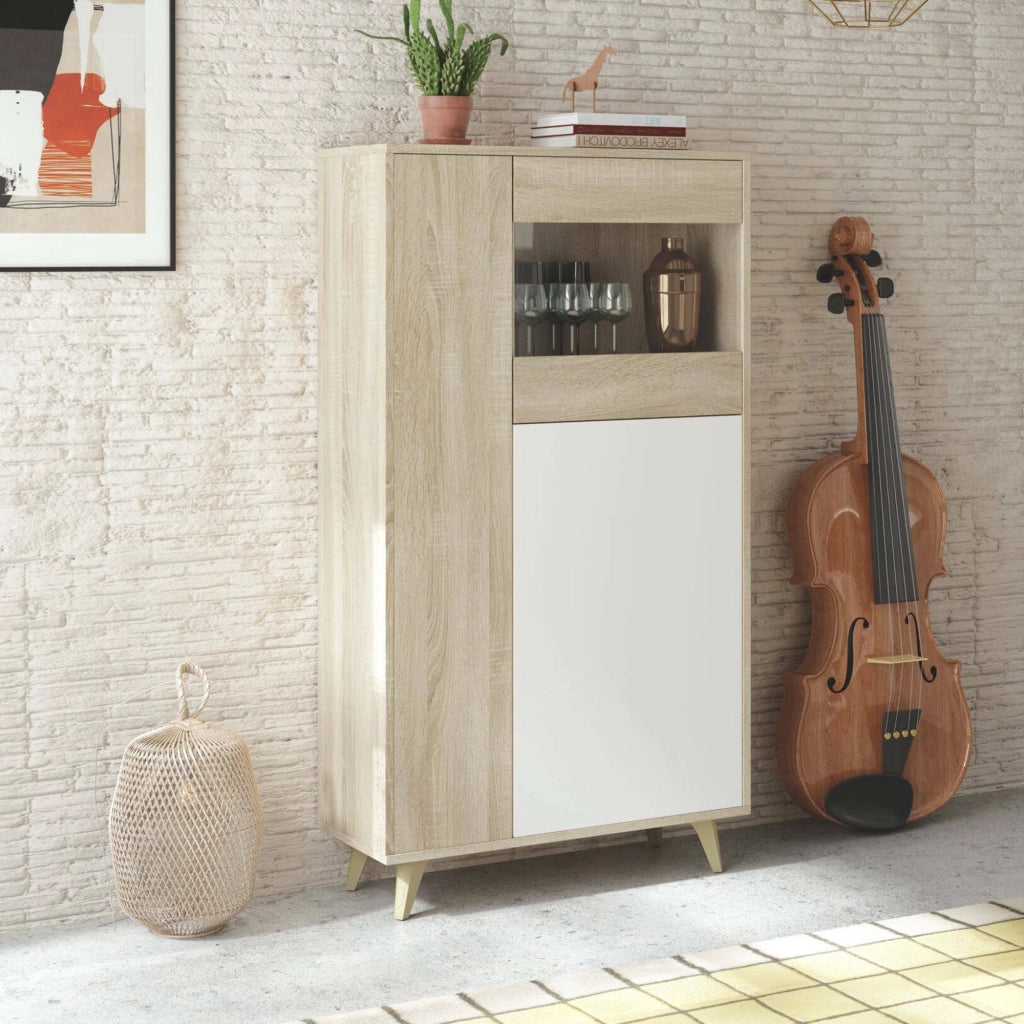 Vetrina Altavista, Vetrinetta moderna a 3 ante, Credenza da soggiorno o salotto, Madia alta con ripiani, cm 77x33h142, Rovere e Bianco