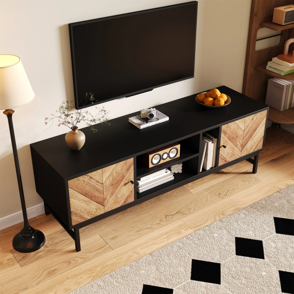 OKWISH Mobile TV con 2 Ante e 3 Vani, Gambe in Metallo, Stile Moderno, per Soggiorno, 150 x 38 x 55 cm, Nero