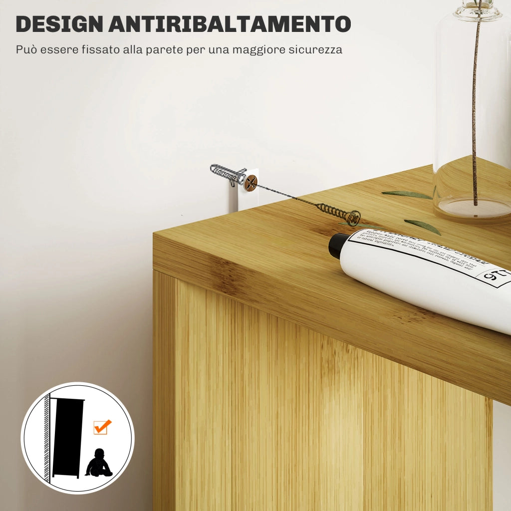 Colonna Bagno con Ripiani Aperti e Armadietti con Ante Magnetiche. 18x30x120 cm. Colore Legno