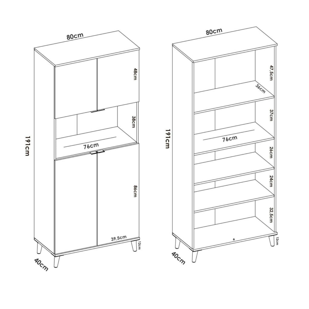 Credenza Acura, Buffet dispensa da soggiorno, Madia da salotto moderna a 4 ante, 80x40h191 cm, Bianco e Rovere