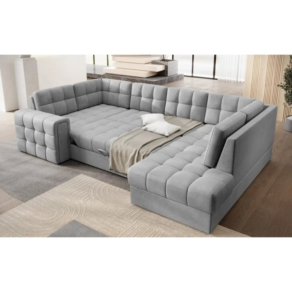 Divano angolare convertibile MONTEZA grigio 299 cm con contenitore e letto