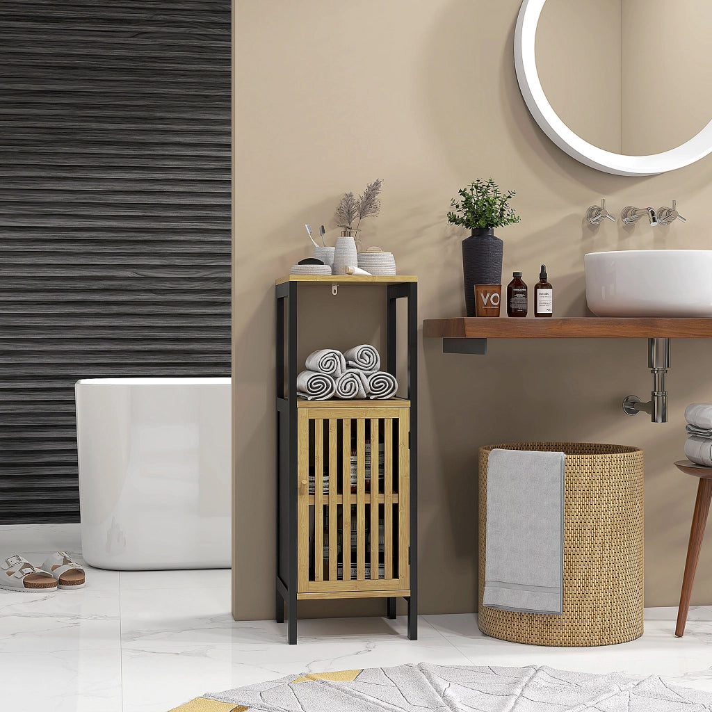Mobiletto Bagno con Ripiano Aperto e Armadietto, in MDF e Bamb¨´, 32x30x90.5 cm, Nero e color Legno