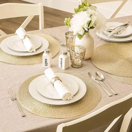 Set di 6 piatti di tovaglia a intrecciatura rotonda, lavabile, dorato, rotondo, lavabile, resistente al calore, Natale, per matrimonio, festa, cucina, decorazione, 38 cm