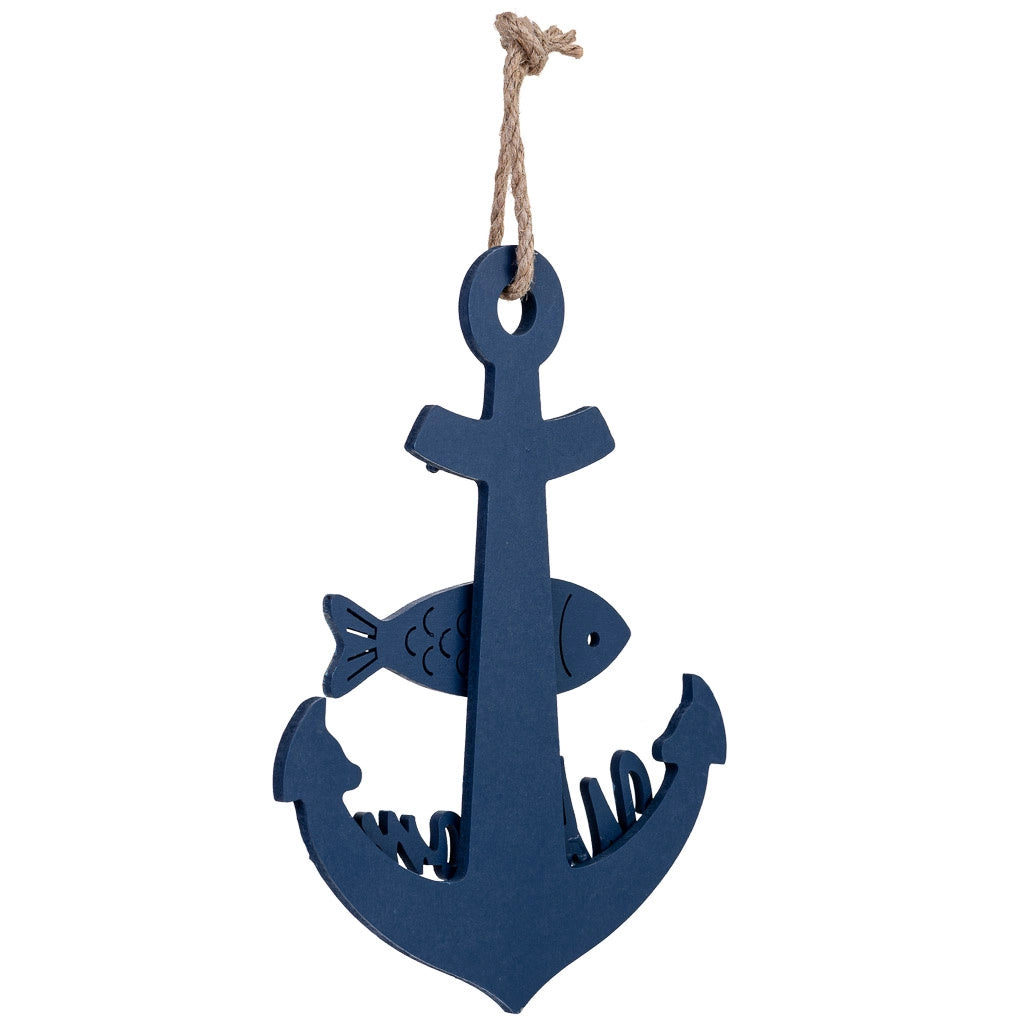 Figura decorativa da appendere a forma di ancora in legno blu, 20x1.5x33h cm