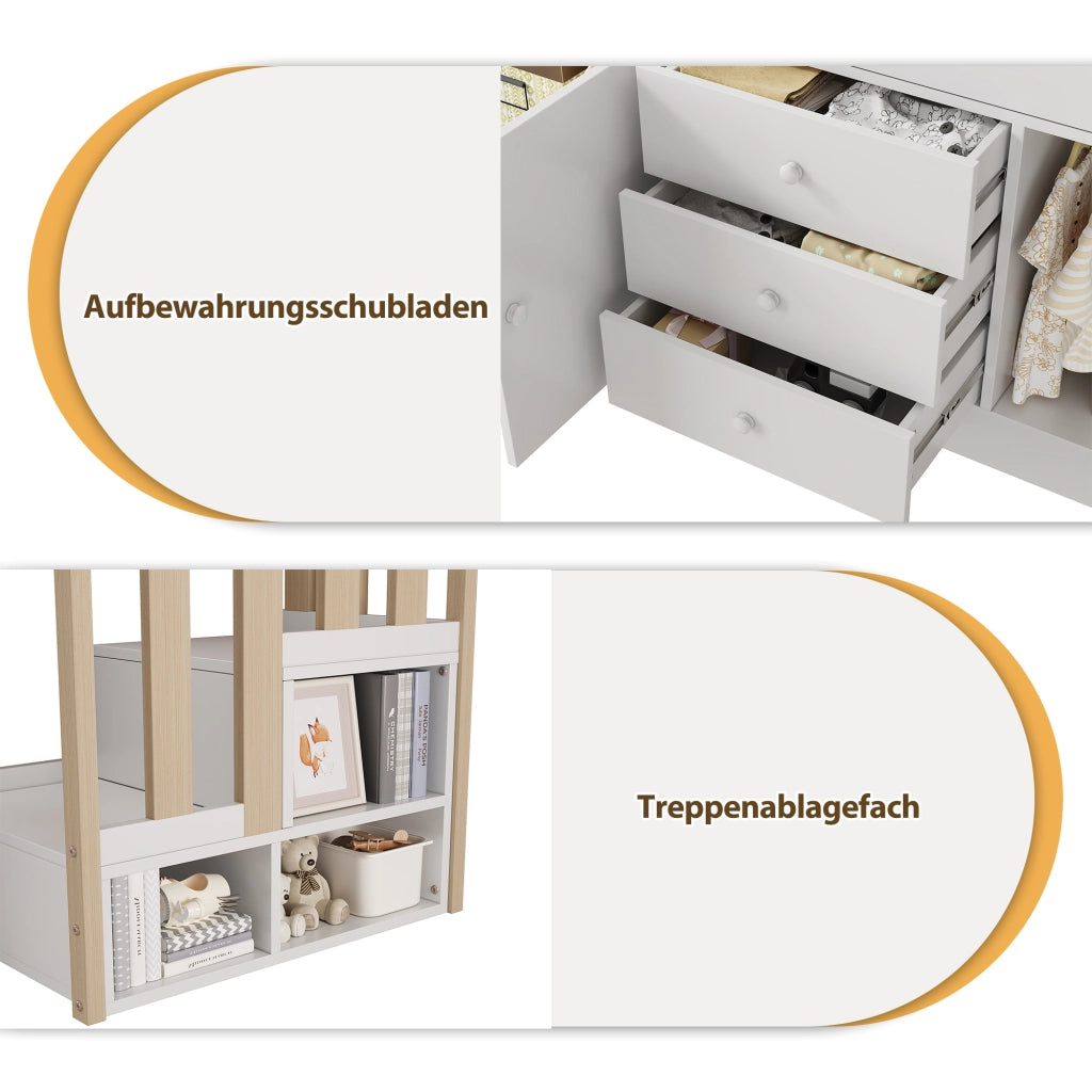 DESMIU Letto a soppalco per bambini singolo con scala, 2 armadi, cassetti e barra 90 × 200 cm senza materasso