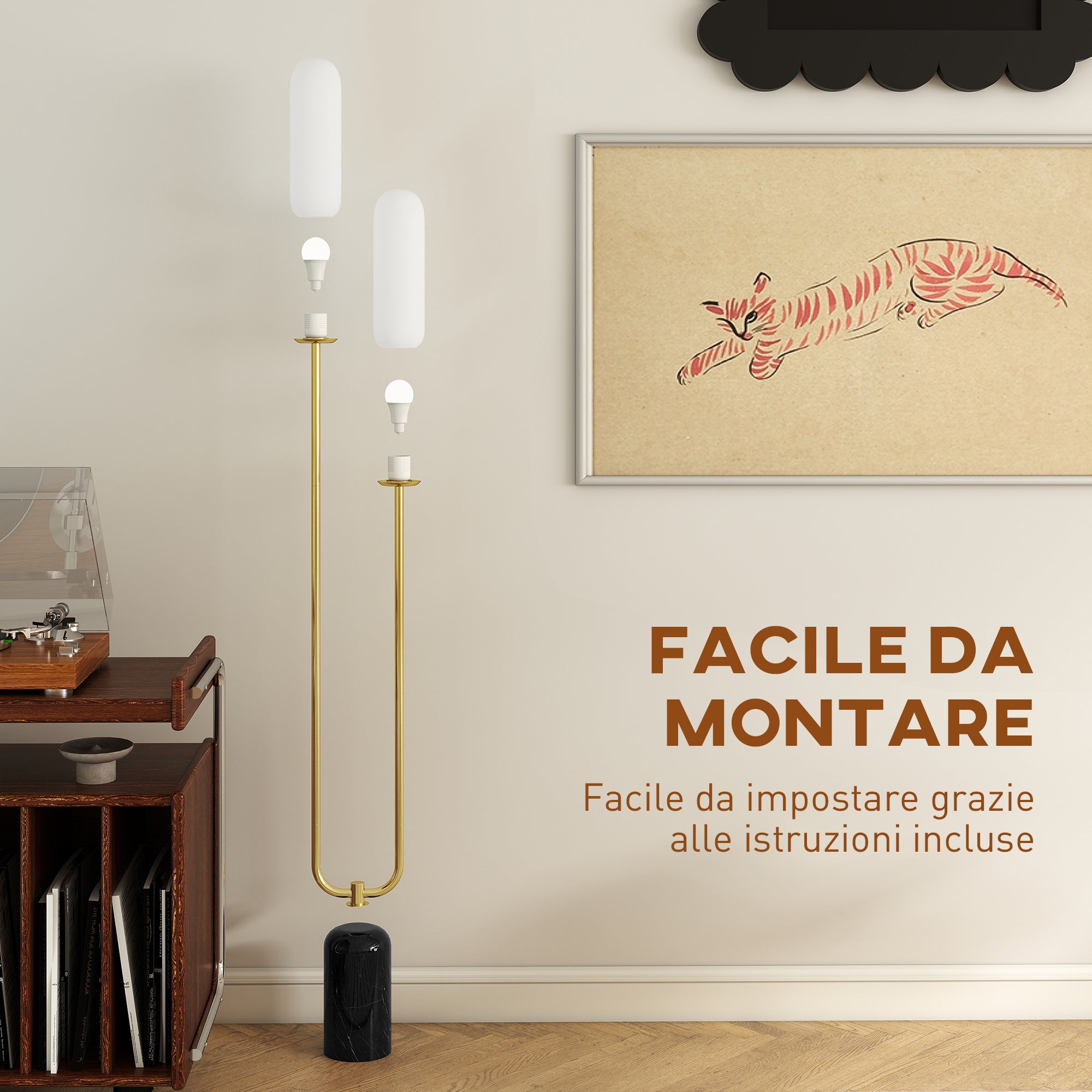 Lampada da Terra a U con 2 Luci 26x12x150 cm Interruttore a Pedale e Base in Marmo Bianco Nero e Oro