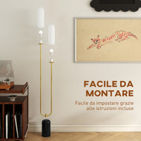 Lampada da Terra a U con 2 Luci 26x12x150 cm Interruttore a Pedale e Base in Marmo Bianco Nero e Oro