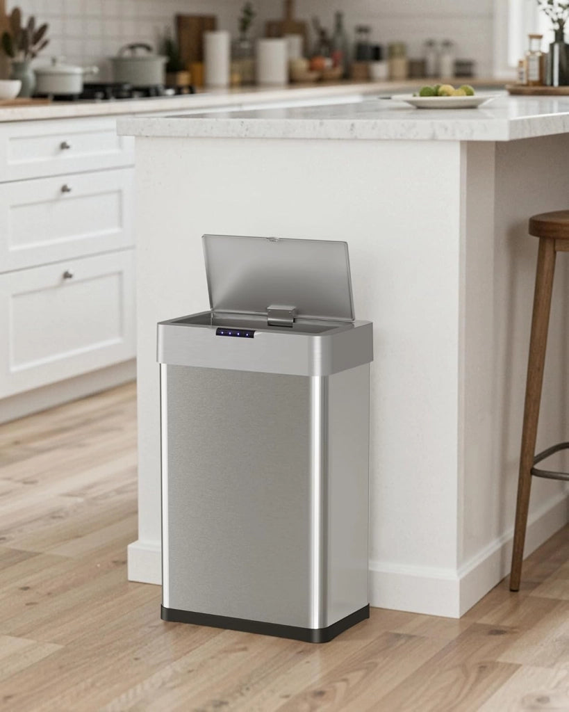 Pattumiera con sensore, pattumiera da cucina, 60 litri, coperchio elettrico con anello di serraggio per sacchetti della spazzatura, pattumiera automatica senza contatto, in acciaio inox