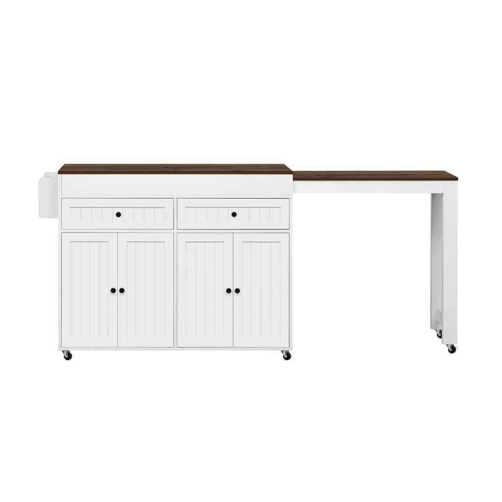 Isola Cucina Mobile su Ruote con Piano Allungabile e Cassetti ¨C MINIMAL ¨C Bianco/Noce