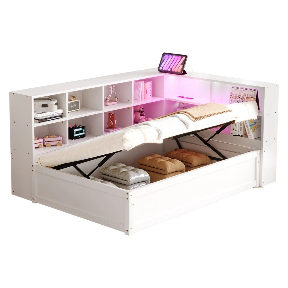 Letto Singolo Contenitore in Legno Massello con LED ¨C Xylo ¨C Bianco 90x200