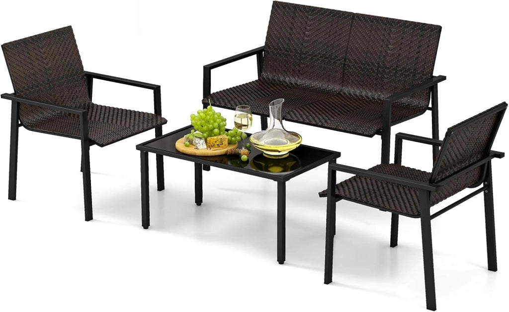 Set di mobili da giardino per esterni, set di mobili da giardino in polyrattan, 4 pezzi, mobili da terrazzo, set da 4 persone, tavolo da 2 sedie, per balcone, set da balcone, resistente alle