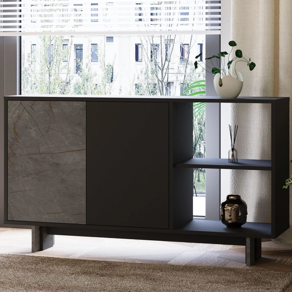 Credenza in legno "Ravello" - 140 x 35 x 80 cm - Grigio antracite marmorizzato