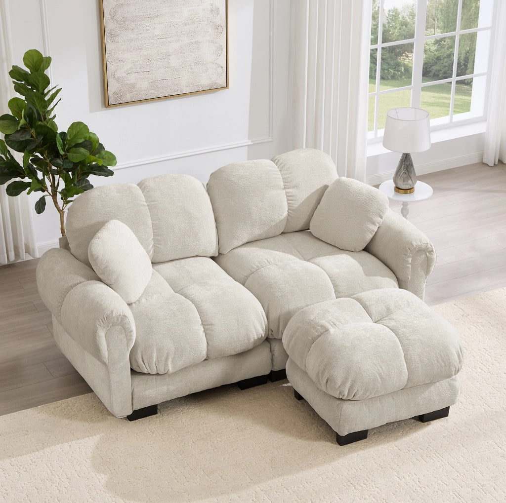 Divano angolare modulare 2 posti con pouf mobile 190x149x90 cm in chenille color kaki chiaro