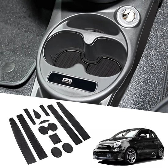 Accessori per FIAT 500 2016-2020 Abarth 595 2017-2021 - antislipmatten per middenconsole - supporto molla per braccio - supporto per bicchiere - antislipmatten per deur - 12 pezzi - deurgleufmat nero