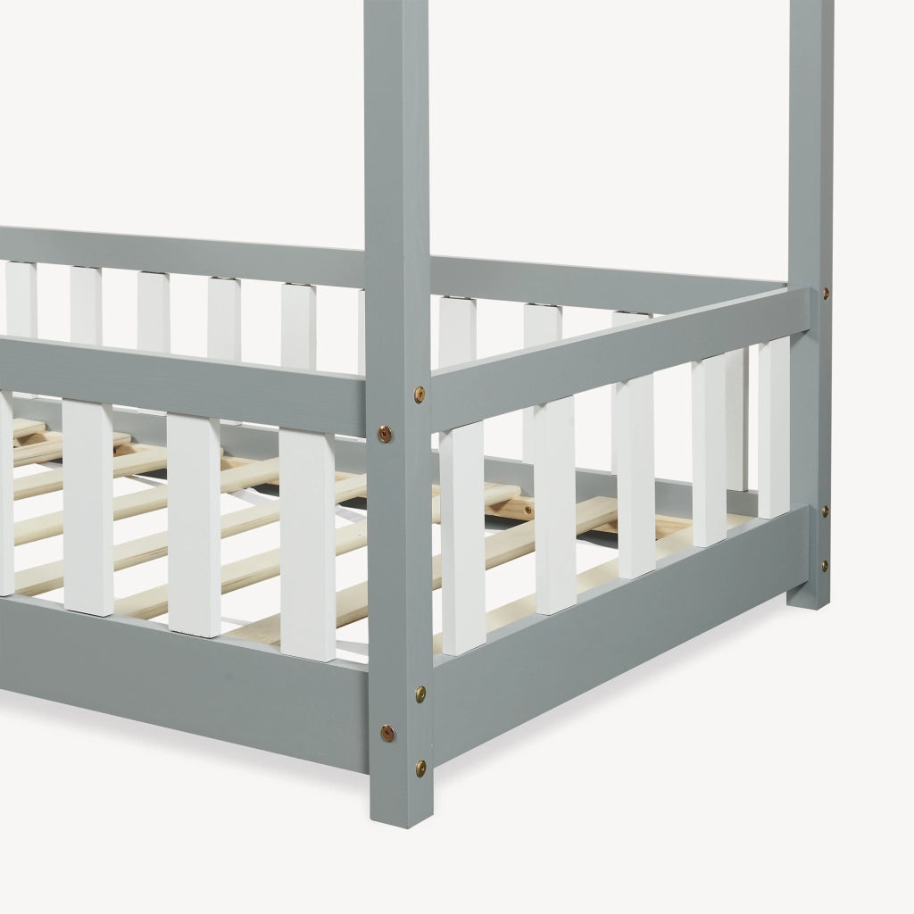 Letto per Cameretta Treviolo a Forma di Casetta in Stile Montessori 80x160 cm Grigio Chiaro/Bianco [en.casa]