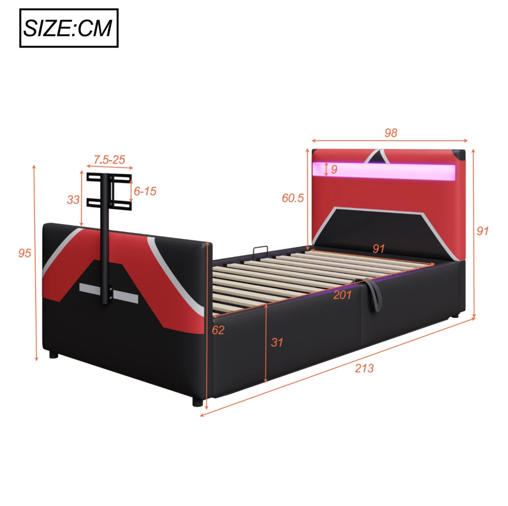 Letto imbottito per bambini 90x200 cm in stile e-sport con LED; TV e contenitore; nero