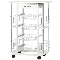 Carrello da Cucina con Cassetto, 4 Cesti e 4 Ripiani, in Metallo, Ceramica e Legno, 57x37x83 cm, Bianco