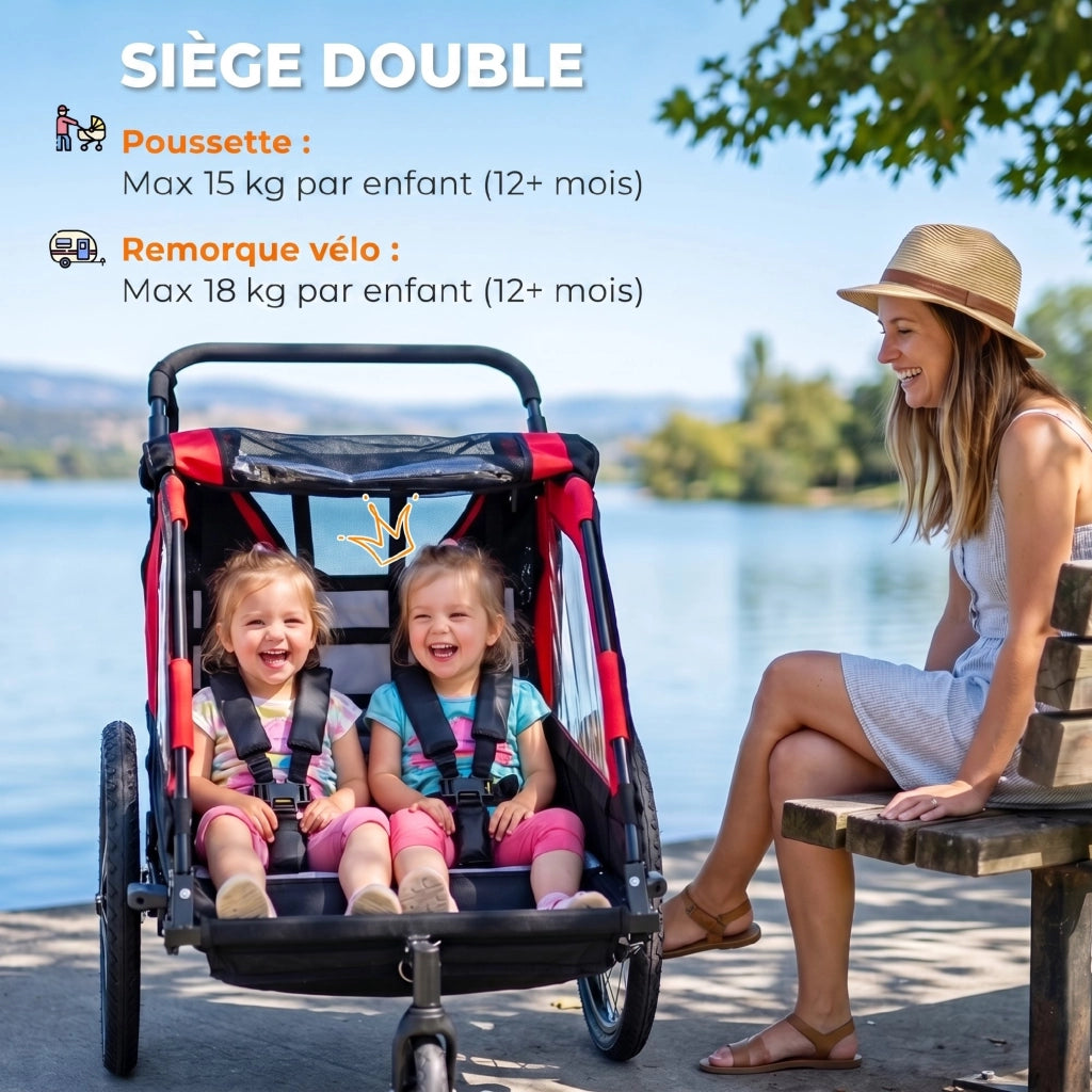 Rimorchio bici per bambini 2 in 1 ¨C Xylo ¨C passeggino 2 posti con freno a mano, rosso