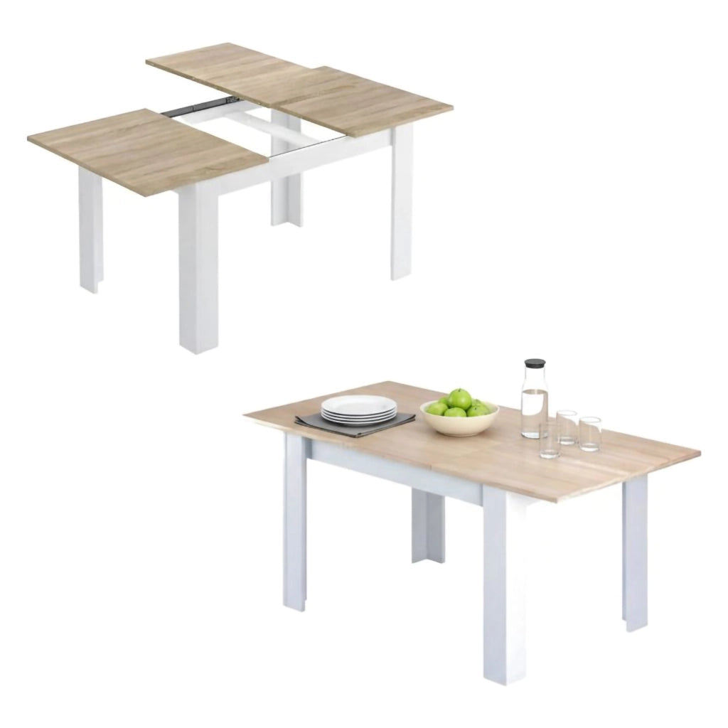 Tavolo allungabile Abudula, Tavolo per sala da pranzo allungabile, Tavolo da pranzo estensibile con allunga, cm 140/190x90h78, Rovere e Bianco
