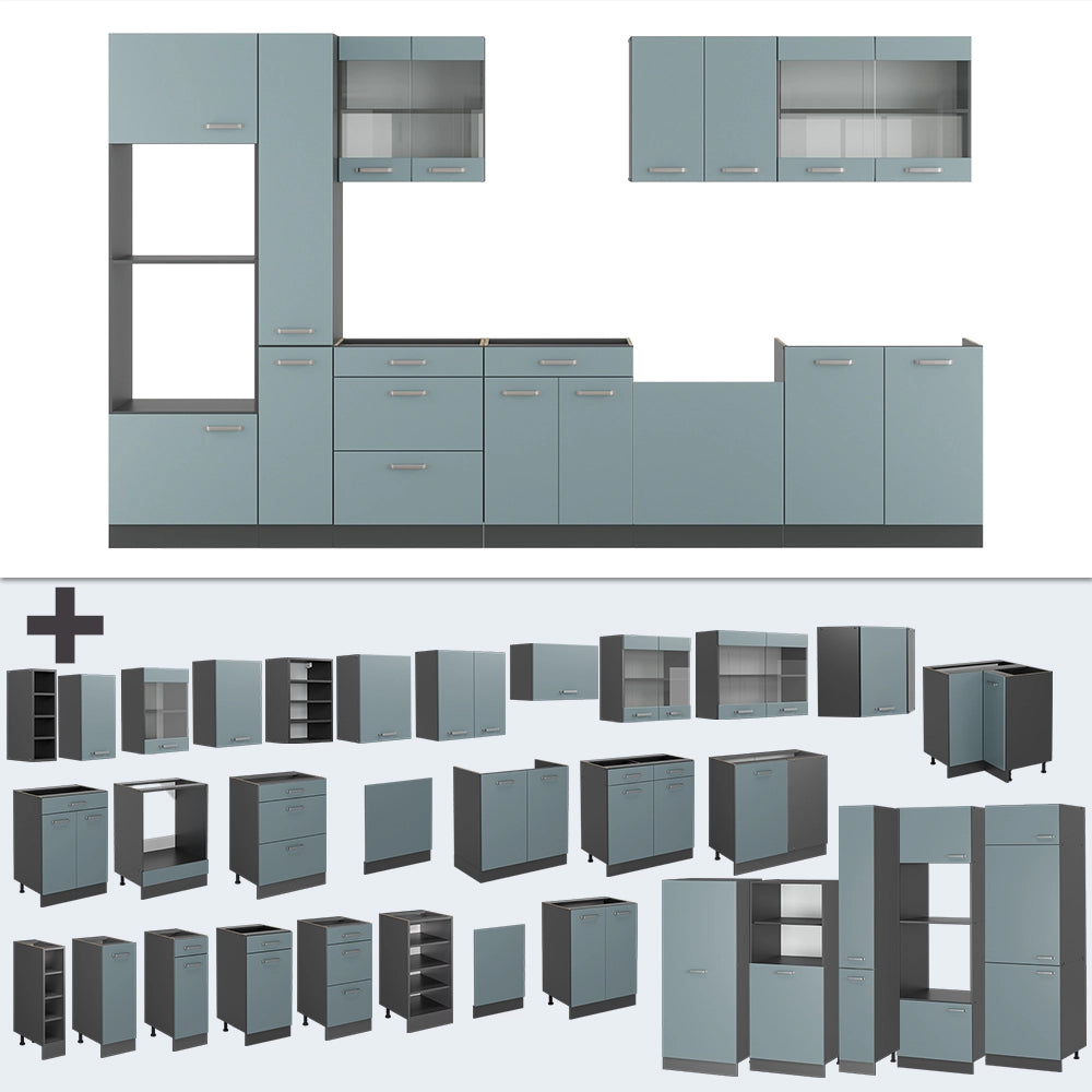 Vicco Cucina componibile Blu-grigio/antracite 350 cm con armadio alto, PL Antracite