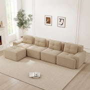 Divano modulare 4 posti con chaise longue, seduta profonda e base antiscivolo, in velluto a coste beige