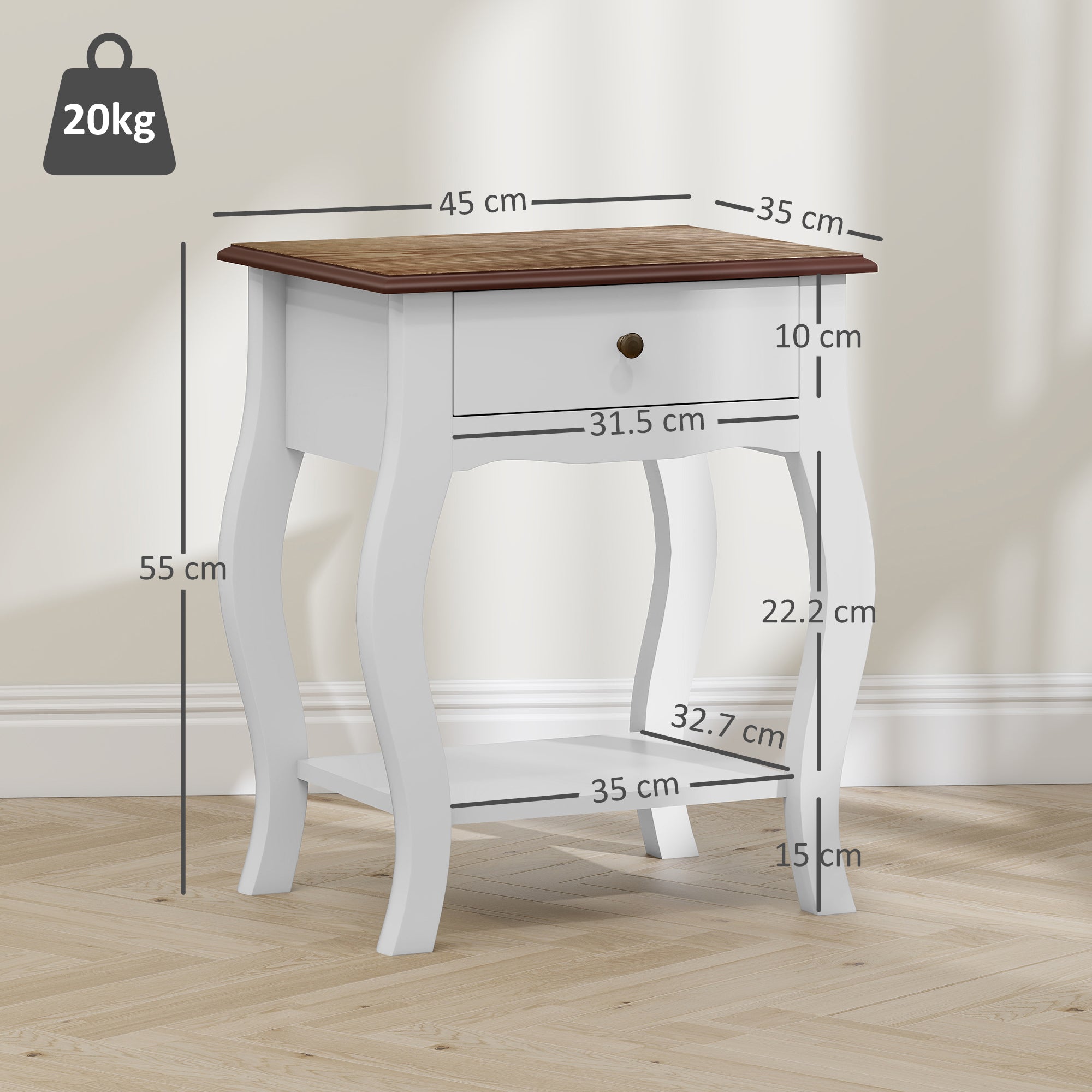 Comodino in Stile Francese con Cassetto 45x35x55 cm in MDF Bianco e Rovere