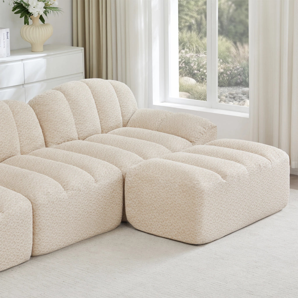 Divano modulare a 2 posti con ottomani; in tessuto beige e bianco