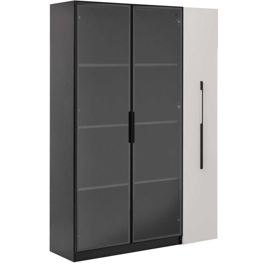 Mobile multiuso 2 in 1 con vetrina LED e vano estraibile; 110;5 x 35 x 160 cm; bianco e nero
