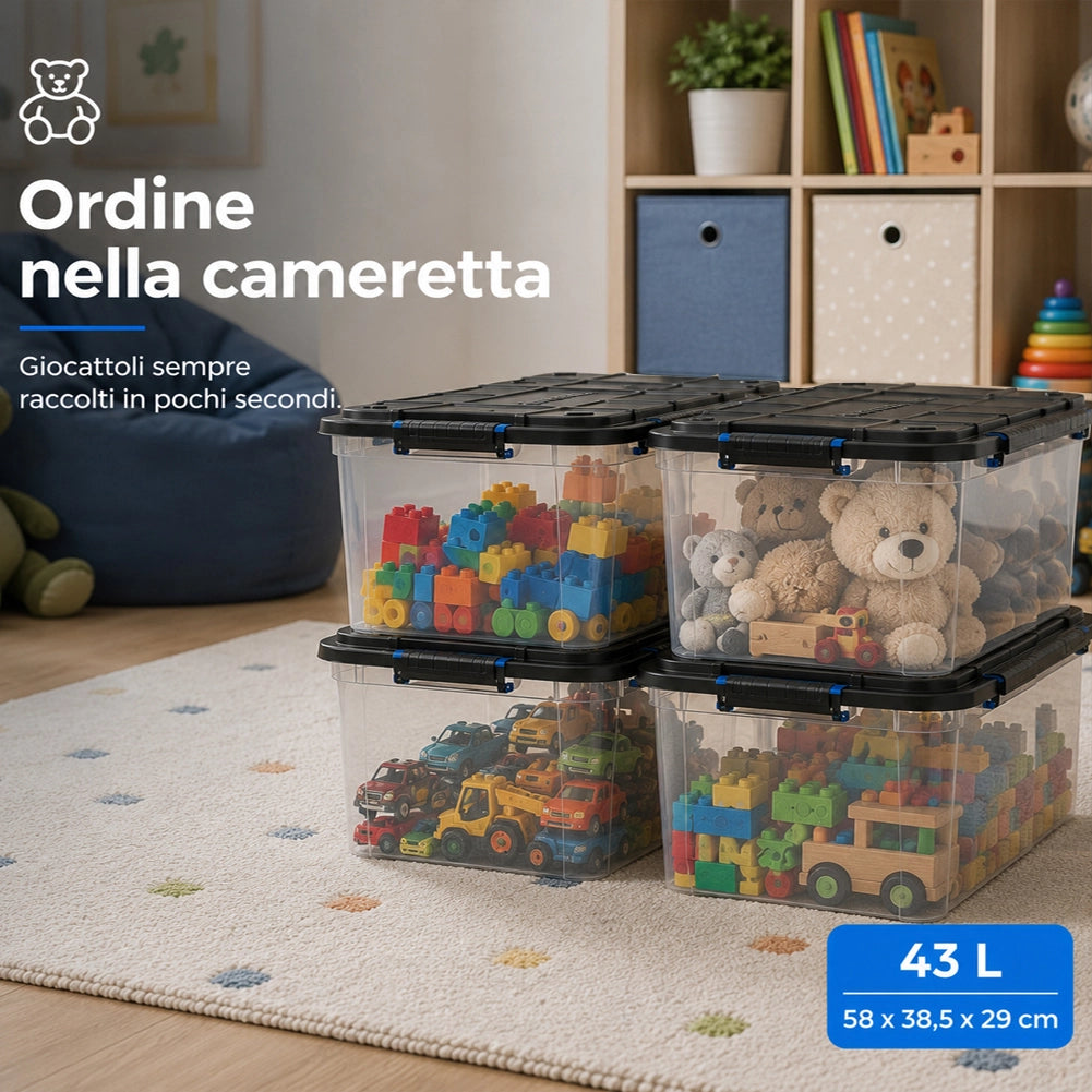 Set 4 Pezzi Contenitori con Coperchio 58x38,5x29 cm Storage Box Solid Cargo Capienza 43L in Plastica