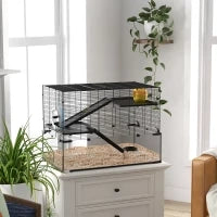 Gabbia per Criceti a 3 Livelli con Base in Vetro Temperato, Ruota e Accessori, 76.5x48.5x54.5 cm, Nero