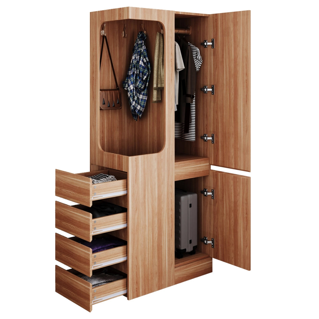 Armadio con 1 porta, 4 cassetti e vano appendiabiti aperto, per camera da letto, in legno, naturale 70 × 40 × 170 cm