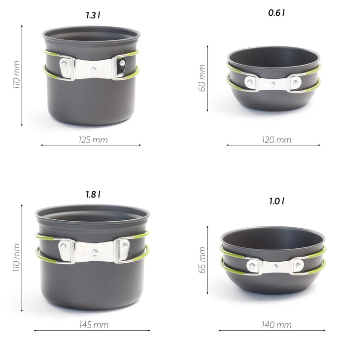 Toboli Set di stoviglie da campeggio 16 pz con posate, padelle, pentole, fornello