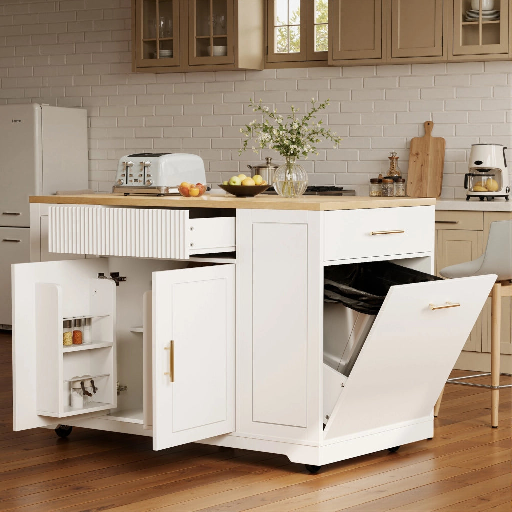 OKWISH Carrello da Cucina con 2 Ante, 3 Cassetti, Vano per Rifiuti e 5 Ruote, per Cucina, 120 × 50 × 92 cm