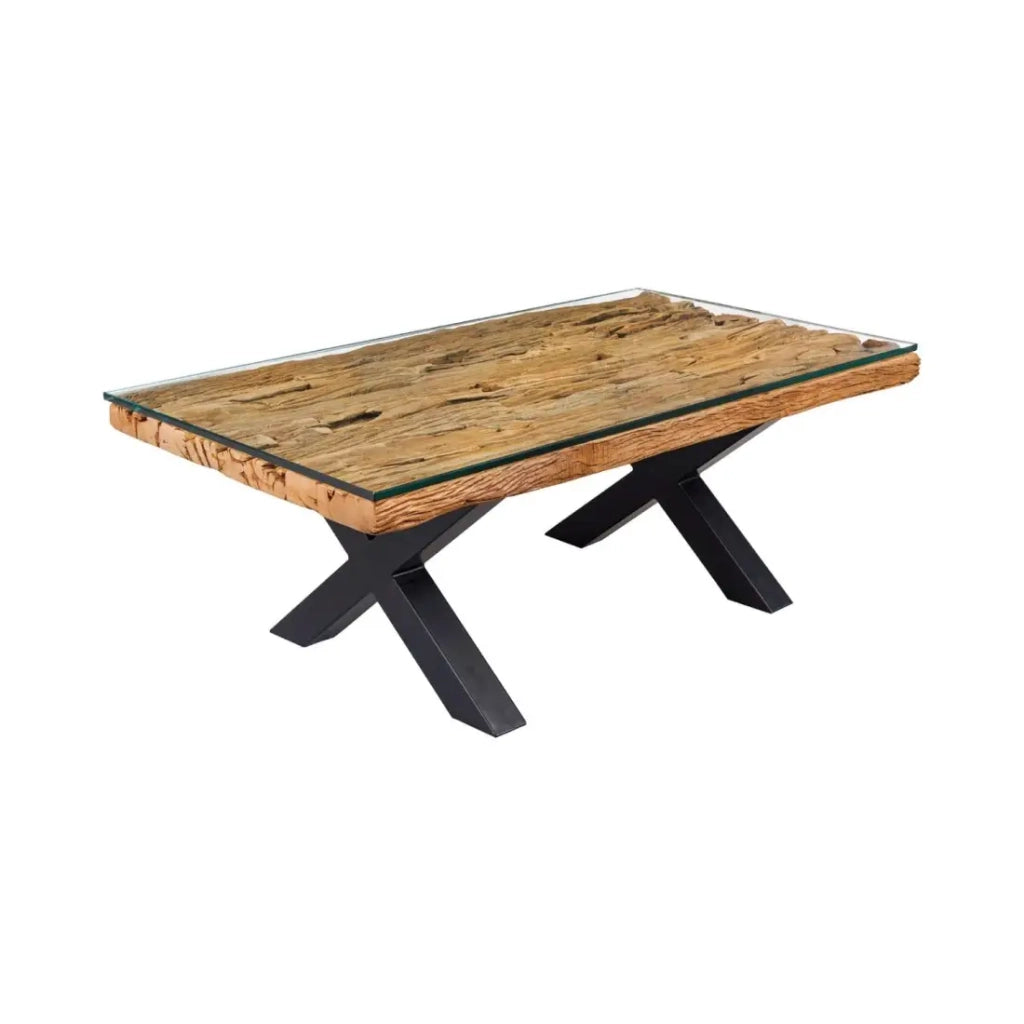 Tavolino basso RAFTA 110 cm in teak riciclato con vetro temperato – Design industriale con gambe incrociate in metallo