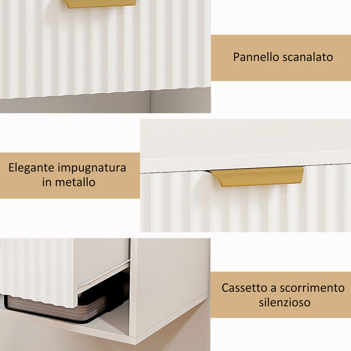 Set di 2 Comodini Sospesi 40x34x29 cm con Pannelli Scanalati Cassetto e Ripiano Bianco