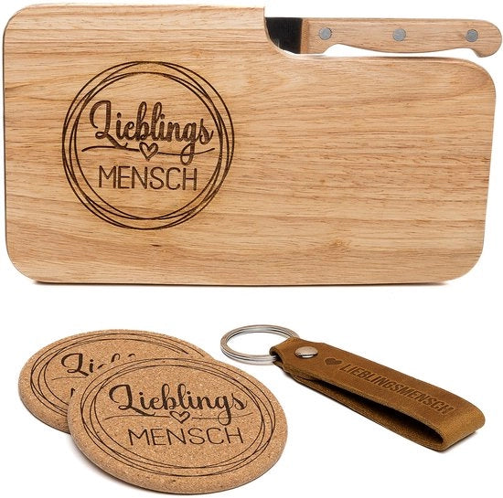 Regalo personalizzato per amici | Tavola di legno con incisione | Dono di compleanno per donne e uomini | Piatto di taglio in legno | Piatto da colazione + cinturino in pelle + sottopiatto in vetro