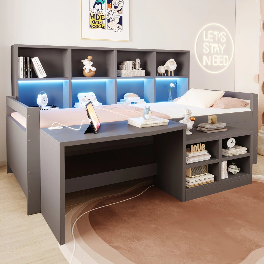 Letto a soppalco per bambini 90 × 200 cm con scrivania, vani portaoggetti, LED, USB e presa, senza materasso